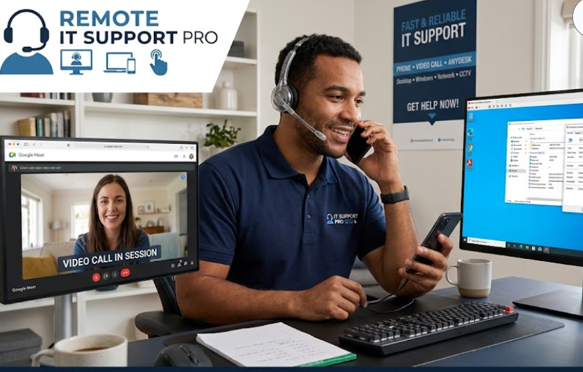 Remote IT Support By remotely using phone calls, video calls, or AnyDesk,